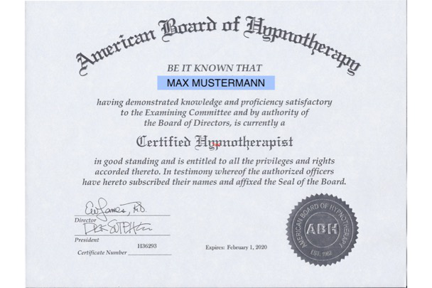 Zertifikat des American Board of Hypnotherapy